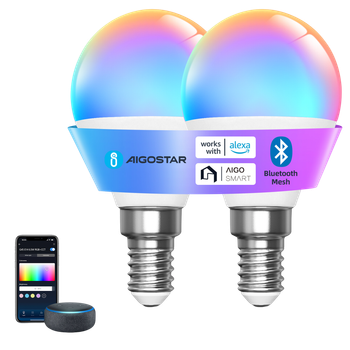Aigostar Mesh- Bombilla inteligente Bluetooth Mesh, G45. 2700K-6500K y RGB regulable, E14, 6.5W, 555LM. Bombilla LED inteligente compatible con Alexa y Google Home. Incluye mando a distancia. 2Uds
