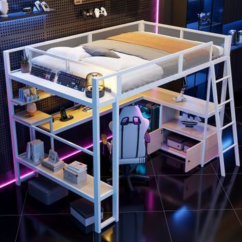 Cama Alta De Metal 140x200 Cm Con Escritorio, Led Y Almacenamiento, Blanca