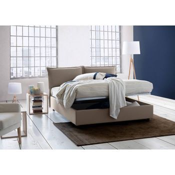 Talamo Italia Cama Individual Con Contenedor Veronica, Made In Italy, Cabecero Y Tapizado En Tela, Apertura Frontal, Apto Para Colchón 90x190 Cm, Taupe