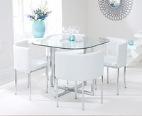 algarve glass stowaway dining table with white high back stools - ivory 4 chairs