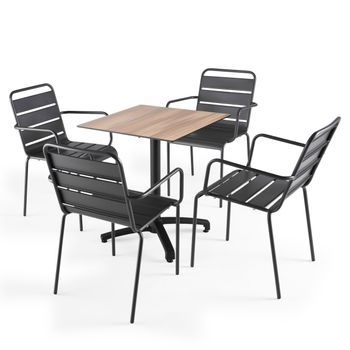 Mesa De Jardín De Conjunto Laminado De Roble Oscuro Y 4 Sillas Grises, Opéra - Oviala