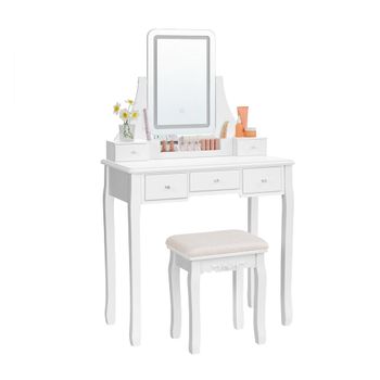Tocador Moderno con Taburete Espejo, Blanco + LED