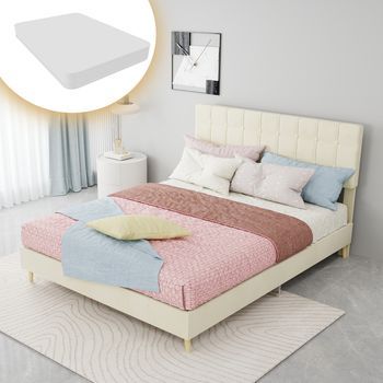 Cama Doble Moderna Con Cabecera Acolchada De Tela Beige Oscuro, 140x200 Cm