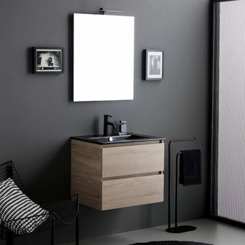 Mueble De Baño Suspendido 60 Cm Roble Con Lavabo Cerámica Negro Mate, Espejo 60x70 Con Lámpara Led | Berlín