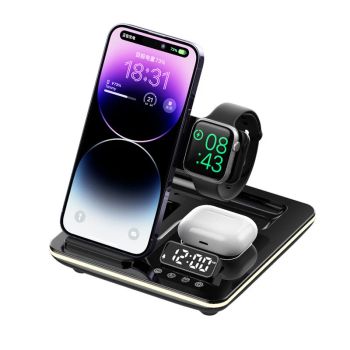 XJCX A93 Cargador inalámbrico RGB plegable 5 en 1 de 15W con pantalla digital, reloj despertador y estación de carga ráp