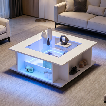 Mesa De Centro Cuadrada Blanca 70 X 70 X 30 Cm Con Cristal E Iluminación Led