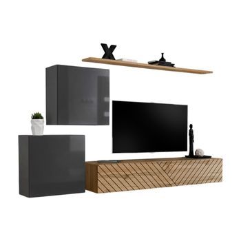 Conjunto De Muebles De Diseño Para Sala Switch V, En Colores Gris Y Roble. Acabados En Gris Brillante Y Roble Fresado.