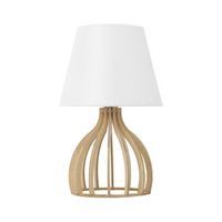 lampara de mesa base de madera pantalla de tela blanca moderna agueda