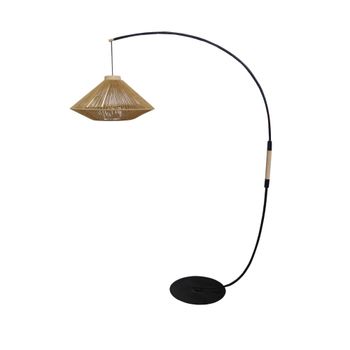 Lámpara de pie arco metal negro madera natural pantalla hilo natural