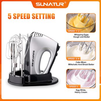 Batidora de mano eléctrica SUNATUR de 300 W - Batidora de huevos de 5 velocidades con base de almacenamiento y accesorios de acero inoxidable
