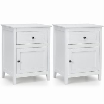 Costway Conjunto de 2 Mesitas de Noche Moderna Mesita Lateral con 2 Niveles Cajón Extraíble y Armario Blanco 48 x 38 x 63,5 cm