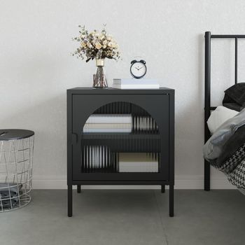Mesita De Noche - Mueble Para Dormitorio - Acero Y Vidrio Estriado - Negro (50x35x60cm)