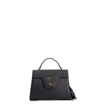 bolso de mano con solapa de saffiano con logo ovalado esmaltado a juego black
