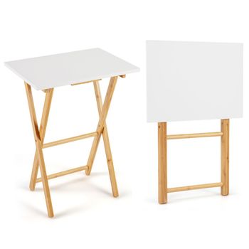 Costway Juego de 2 Mesas Plegables Bambú para TV Comer Sofá Portátil Espacios Pequeños Dormitorio Sala Estar Fácil Almacenar Blanco