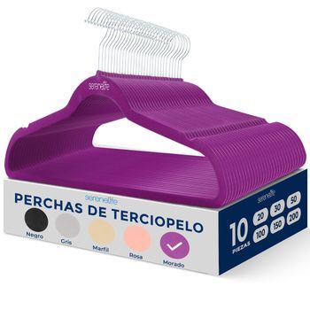 Pack 10 Ganchos De Terciopelo Premium, Antideslizantes, Con Gancho Metálico Giratorio 360° Para Trajes, Pantalones Y Vestidos – Serenelife, Sl-velvet10, Morado