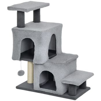PawHut Escalera para Gatos 4 Peldaños Ajustable con 2 Casitas y Poste Rascador, Gris   Aosom España