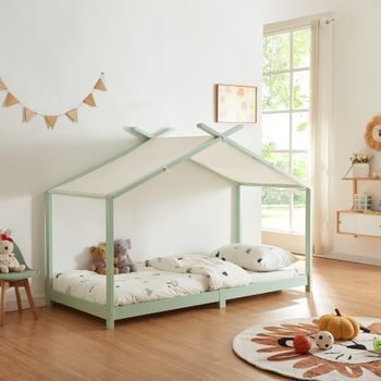 Cama Para Niños Brome Forma Casita Con Techo Pino 90 X 200 Cm - Verde Y Blanco [en.casa]