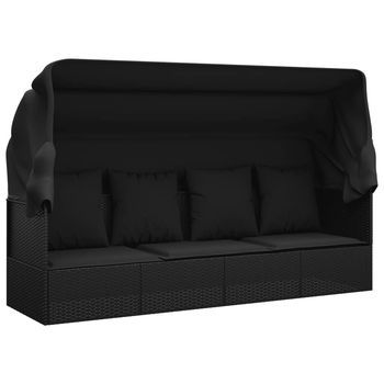Sofá Tumbona De Jardín | Sofá De Exterior Con Toldo Cojines Ratán Sintético Negro