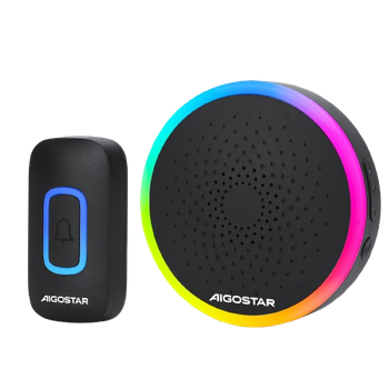 Aigostar RGB Timbre Inalámbrico, timbre inalámbrico exterior impermeable sin pilas, IP55, 5 Niveles de Volumen (0-120dB) y 60 Melodías, Timbre para Ancianos, Casa, Oficina, Negro