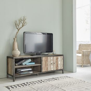 Mueble Tv De Madera De Pino Maciza Y Metal De 150 Cm