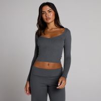 camiseta acanalada de manga larga con cuello en pico para mujer de mp - gris robusto - l