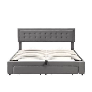 Cama de matrimonio de terciopelo 160x200cm con almacenaje y 1 cajón,gris