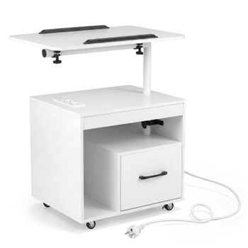 Costway Mesita de Noche Rodante con Estación de Carga Tira LED Mando RF Tablero Giratorio Abatible Cajón Almacenaje para Salón Dormitorio 60 x 40 x 74 cm Blan