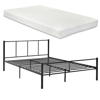 [en.casa]® Cama De Metal Con Colchón De Espuma Fría - 140cm X 200cm - Cama Simple O Cama Doble - Con Listón - Somier Negro - Oeko-tex 100