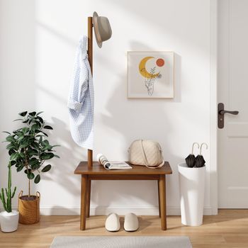 Mesa Auxiliar 2 En 1 De Madera Maciza Con Banco Para Zapatos Y Ganchos Para Bolsos Abrigos 76x43x168 Cm Marrón Cfw38367