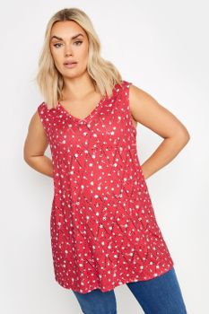 Yours Top Sin Mangas Con Vuelo Rojo De Flores Con Calados, Mujer Curvy Y Tallas Grandes, Yours