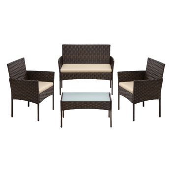 Conjunto de Muebles de Jardín de Patio Ratán Mimbre de PE, Marrón + Topo
