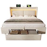 cama tapizada 180x200 cm almacenamiento hidraulico led usb lino beige sin colchon