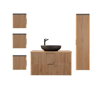 Conjunto de muebles con lavabo individual 100 cm columna y 3 armarios de pared gaia madera y negro - lavabo negro