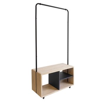 Perchero de metal negro y madera con ruedas, 72 x 31 x 153 cm