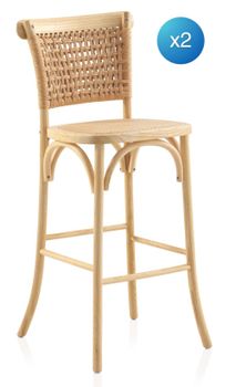 Pack 2 taburetes madera de olmo con asiento y respaldo trenzado