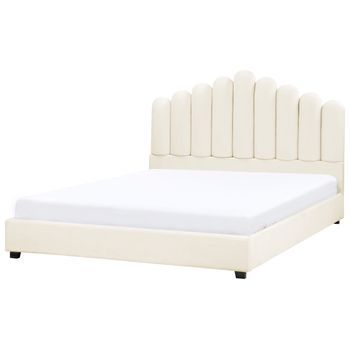 Cama Con Somier De Terciopelo Cabecero De Concha Marina Blanco Crema 180 X 200 Cm Vincennes