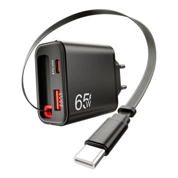 [GaN Tech] Cargador USB PD de 2 puertos PD65W con cable retráctil Type-C + USB-A + USB-C PD QC3.0 Cargador de pared rápi
