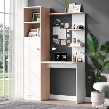 Escritorio Con Almacenaje - Mueble De Oficina - Mdf - Blanco Y Natural (123.5x45x168.5cm)