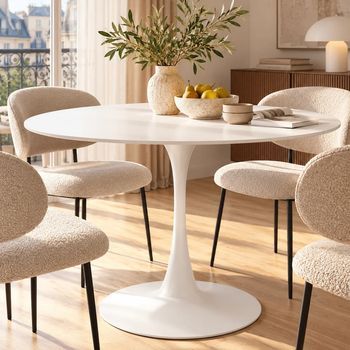 Mesa de comedor redonda para 4 a 5 personas, diámetro 100 cm, acabado lacado mate blanco, base redonda de metal blanco - TULIPS