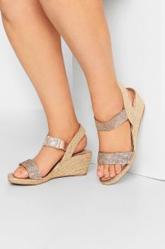Sandalias De Cuña De Esparto Con Tiras Rosa Dorado