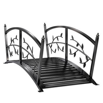 Outsunny Puente de Jardín Metálico 1,2 m Puente Decorativo para Estanques con Barandillas de Seguridad y Diseño de Hojas Negro