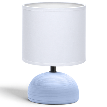 Aigostar Lámpara de cerámica de mesa, semioval azul, cuerpo de diseño sencillo color azul, pantalla de tela color blanco, casquillo E14. Perfecta para el salón, dormitorio o recibidor.