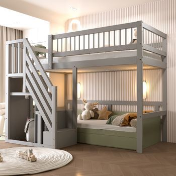 Litera 90 X 200 Cm Con Espacio De Almacenamiento Y Escalera - Madera Maciza + Contrachapado + Mdf - Gris (sin Colchón)
