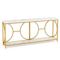 costway mesa consola de 2 niveles con superficie de marmol falso estrecha de 180 cm para entrada estructura de metal mesa larga para pasillo blanco