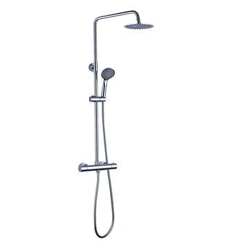 Kibath Columna De Ducha Termostático Tacto Frío | Altura Regulable 85-115 Cm | Latón Macizo Cromo Brillo | Diseño Redondo Con Rociador Efecto Lluvia Y Alcachofa | Ideal Techos Altos