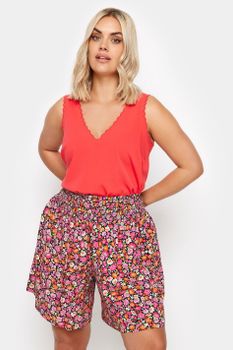 Yours Pantalones Cortos Rosa Floral Con Cintura Fruncida, Mujer Curvy Y Tallas Grandes, Yours