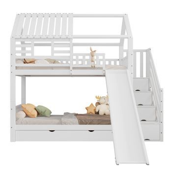 Litera Infantil Con Tobogán Y Cama Casita Con Techo Y Ventana, Litera Blanca 90x200 De Madera
