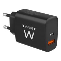 ewent ew1319 cargador rapido con 1x usb-c 20w con power delivery  1x usb-a qc30 negro