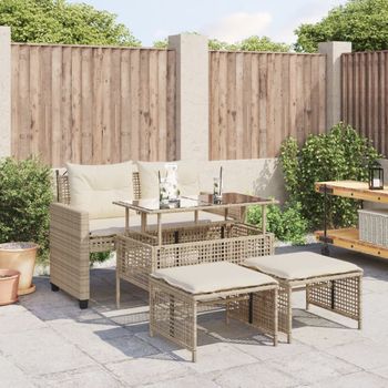Conjunto Sofás Jardín 4 Uds | Mueble Jardin Mesa Y Sillas Y Cojines Ratán Sintético Vidrio Beige Cfw180974
