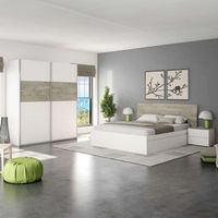 pack muebles dormitorio completo con en color roble alaska y blanco artik estilo nordico cama  cabecero  mesitas  armario
